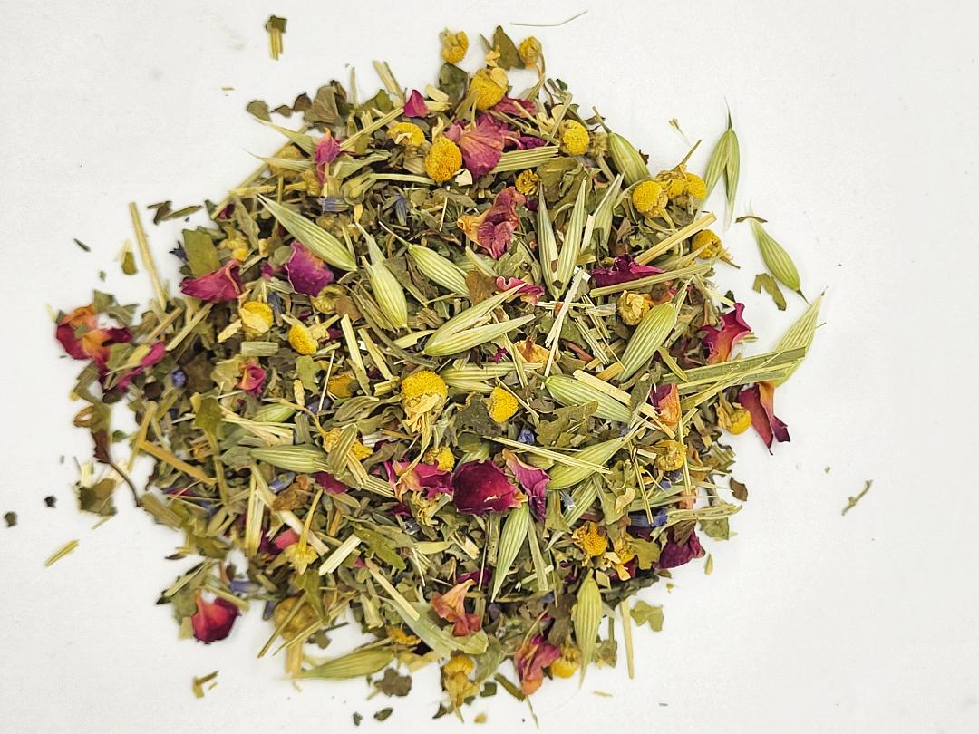 loose tea blend of oat straw and milky oat tops, dried rose petals, dried chamomile, dried lavender buds and a pinch of stevia