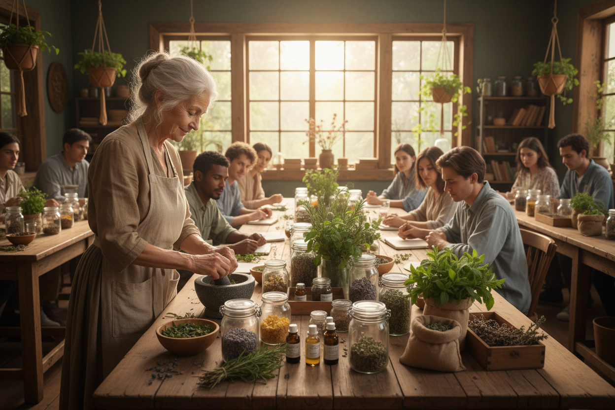 Older woman teaching herbal class