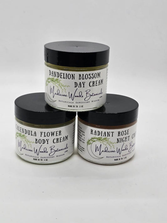 3 Piece Set of rose night cream, dandelion day cream and a calming calendula body cream