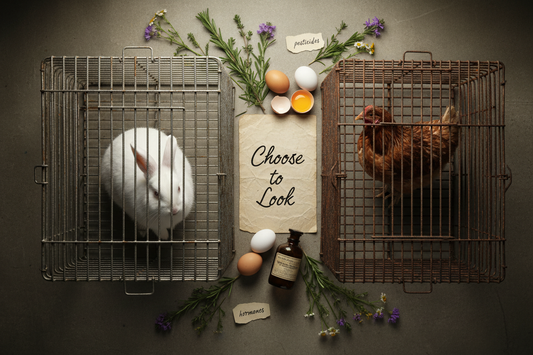 A botanical skincare product with fresh herbs contrasted against industrial animal cages, with a handwritten tag reading Choose to Look