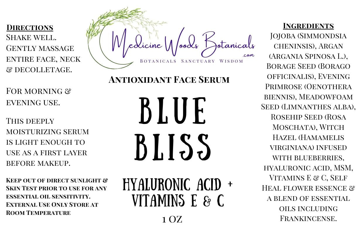 An all natural calming, barrier repair, hydrating and antioxidant rich oil based face serum with blueberry extract, rose, chamomile, lavender, hyaluronic acid, evening primrose, rosehip seed and jojoba oil.