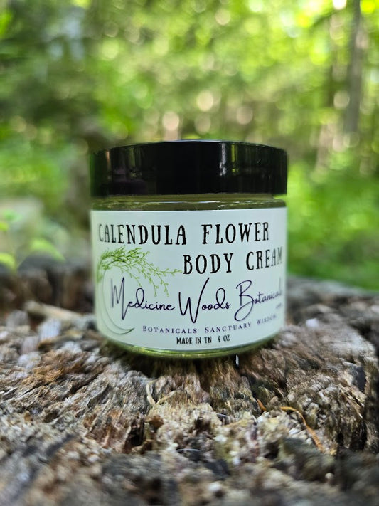 An all-natural calming body cream with comfrey, lavender, MSM, aloe and calendula for dry itchy skin. All-natural herbal cream for eczema.