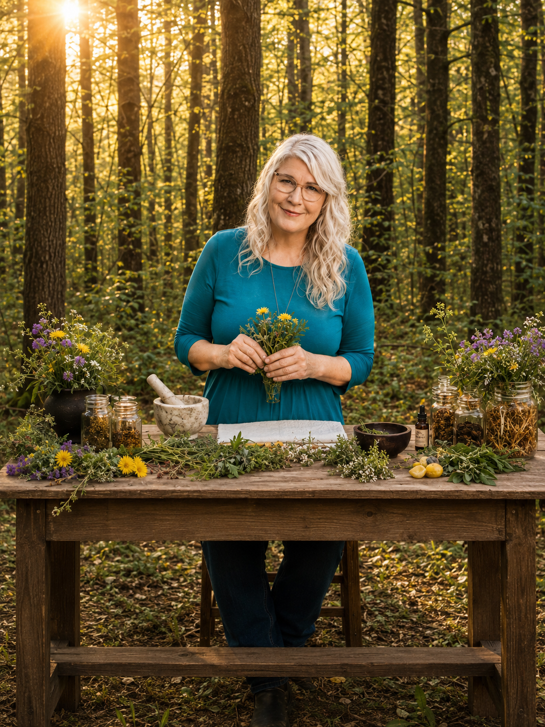 A table setup for a consultation event with Cynthia, the Menopause Herbalist, featuring chairs and herbal products at MedicineWoods.